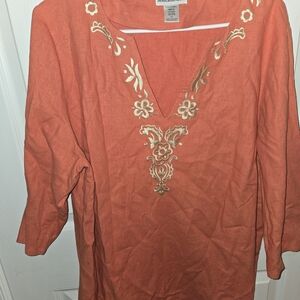Jessica London Women's 16 Orange/coral Embroidered Top 55% Linen